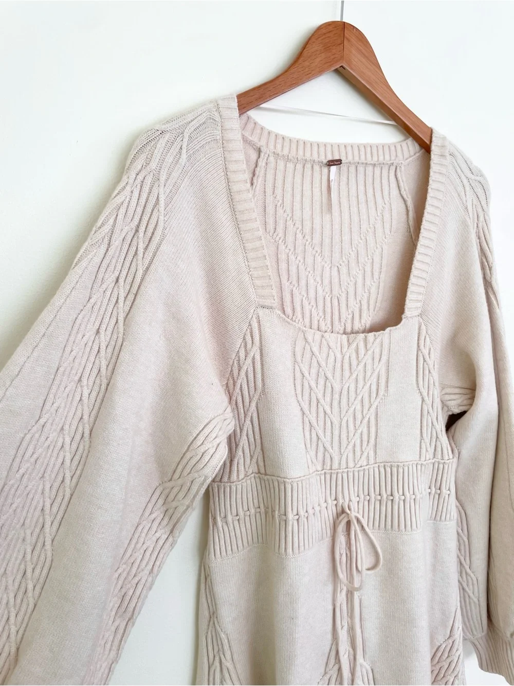 Free People Emmaline Mini Sweater Dress in Ivory Cream L Large Bishop Sleeve